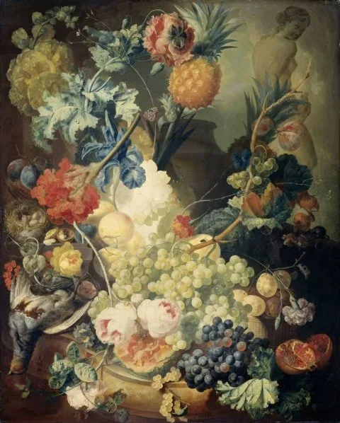 Jan van Os, Still Life with Flowers, Fruit and Birds