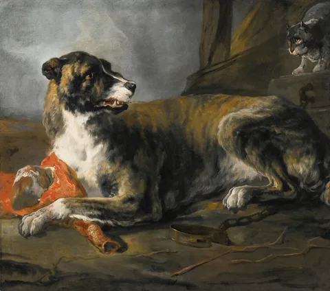 Jan Baptist Weenix, Hound with a Joint of Meat and a Cat Looking on