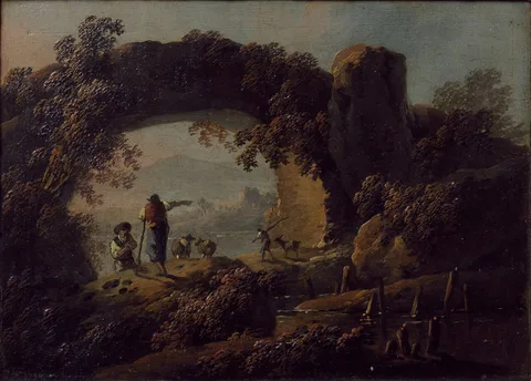 Jean-Baptiste Pillement, Rustic Landscape with Aqueduct and Figures