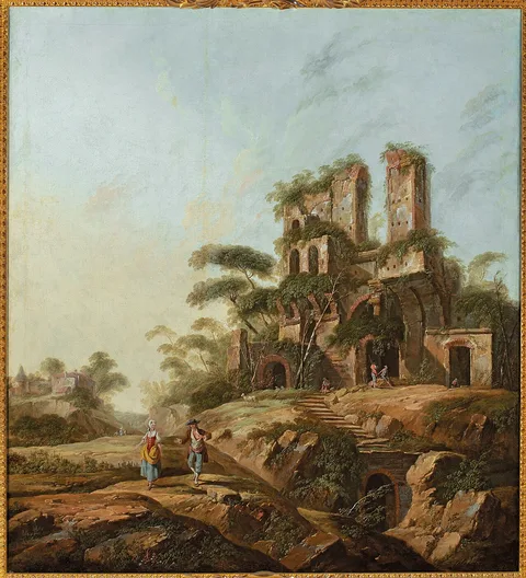 Jean-Baptiste Pillement, Landscape with Aqua Julia in Rome.