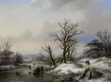 Jan Jacob Spohler, Winter landscape with figures on a frozen river