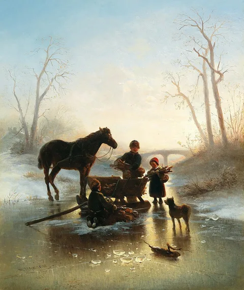 Wilhelm Alexander Meyerheim, Children on the Ice Collecting Wood