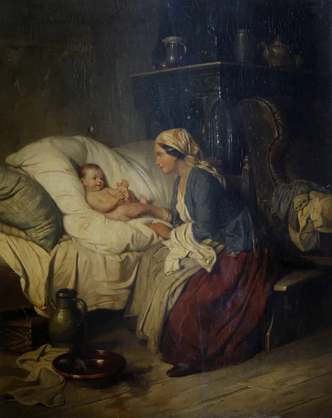 Wilhelm Alexander Meyerheim, Mother and baby in an interior.