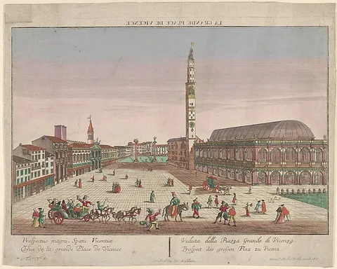 Georg Balthasar Probst, View of the Piazza dei Signori of Vicenza with horse-drawn carriages and figures walking in the square