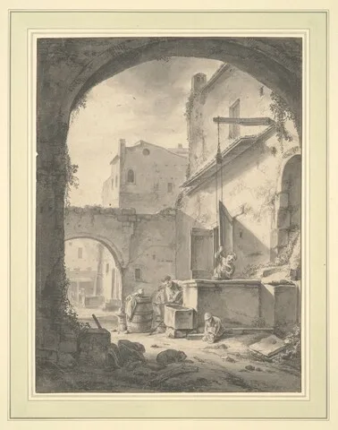 Thomas Wyck, View into a Courtyard with a Family at a Well