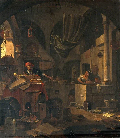 Thomas Wyck, Interior with an Alchemist Making a Gesture of Surprise, and a Female Assistant