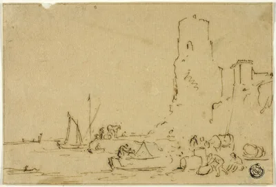 Thomas Wyck, Fishermen Barreling Fish at Water's Edge