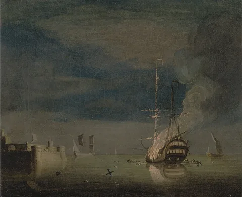 Charles Brooking, A Two-Decker on Fire at Night off a Fort