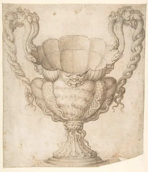 Giulio Romano, Design for a Decorated Drinking Cup with Floriated Heads around Large Mouth, Intertwined Serpents as Handles