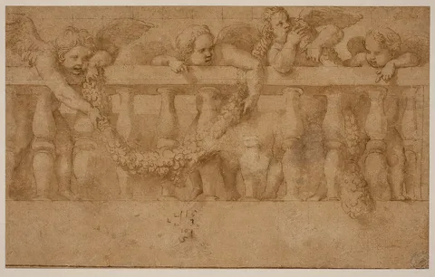 Giulio Romano, Four winged putti decorating a balustrade with garlands
