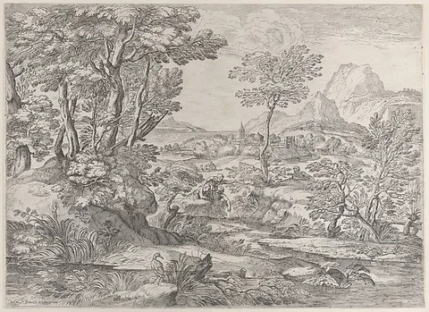 Giovanni Francesco Grimaldi, Three boys in a landscape with a town in the background