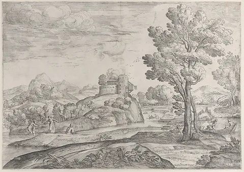 Giovanni Francesco Grimaldi, A house atop a round rock at center, people in the river and in canoes throughout