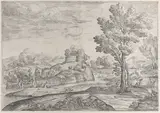 Giovanni Francesco Grimaldi, A house atop a round rock at center, people in the river and in canoes throughout