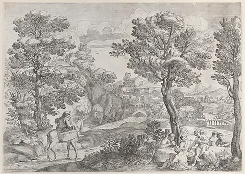 Giovanni Francesco Grimaldi, A group of people playing cards at right and a man on horseback at left