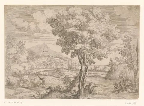 Giovanni Francesco Grimaldi, Landschap met vogel op boomstronk