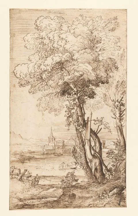 Giovanni Francesco Grimaldi, Boomgroep aan een meer in een bergachtig landschap