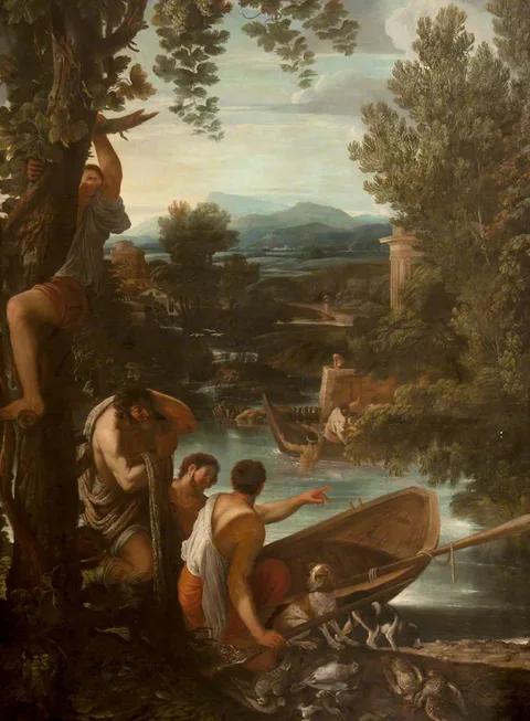 Giovanni Francesco Grimaldi, River Landscape with Fishermen and Sportsmen