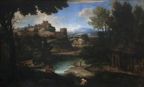 Giovanni Francesco Grimaldi, River Scene with Classical Buildings and Figures
