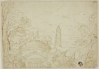 Giovanni Francesco Grimaldi, Landscape with Temple, Obelisk and Aqueduct