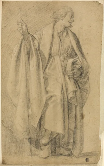 Eustache Le Sueur, Standing Draped Male Figure, Holding Staff