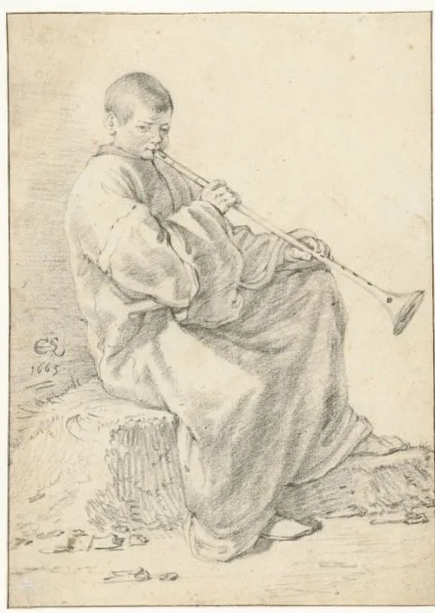 Cornelis Saftleven, Seated Boy with a Shawm