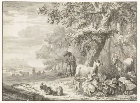 Abraham Begeyn, Landscape with a Herder Watching a Flock of Three Goats