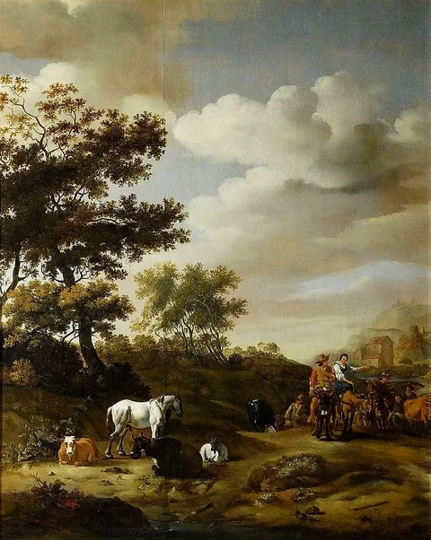 Abraham Begeyn, Landscape with travelers and cattle.
