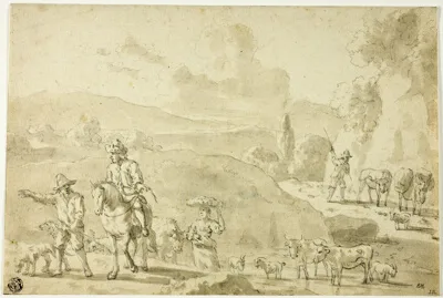 Abraham Begeyn, Cows, Sheep, Goats Being Herded, Herdsman Giving Directions to Traveler on Horseback