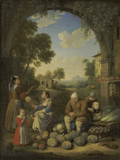Hendrik Frans van Lint, A lady with children visiting a village vegetable stand