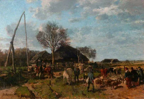 Gregor von Bochmann, Farm Buildings with Figures, Sheep and Cattle