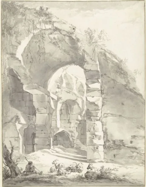 Willem Romeyn, Roman Ruins with a Shepherd and a Flock of Sheep and Goats