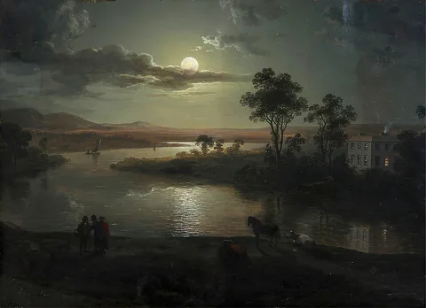 Abraham Pether, Evening scene with full moon and persons