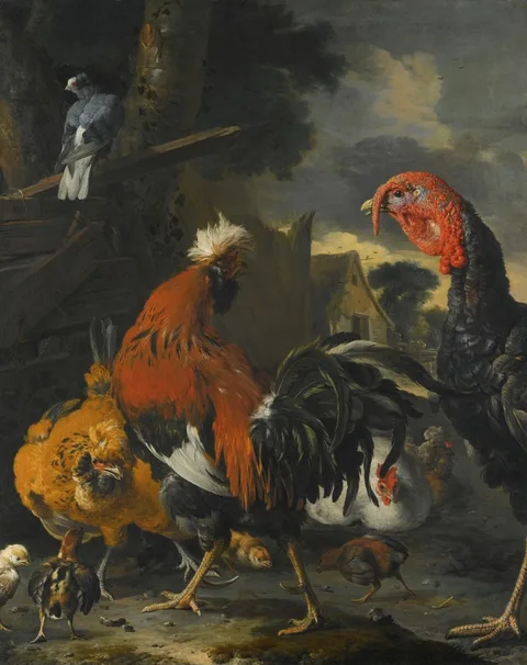Melchior D' Hondecoeter, A Cockerel, a Turkey, Hens and Chickens in a Farmyard