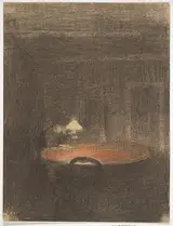 Vilhelm Hammershøi, Figure Reading at a Table in an Interior at Night