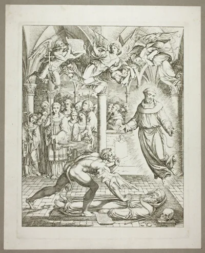 Joseph Anton Koch, The Struggle Between the Devil and St Francis of Assisi for the Soul of Guido da Montefeltro, plate three from Darstellungen aus Dante's Hölle