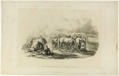 Albrecht Adam, Bivouac of the Italian Guard Dragoons near Willenberg on June 10th, from Picturesque and military journey from Willenberg in Prussia to Moscow