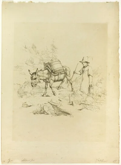 Albrecht Adam, Girl with Donkey Bearing Pack, in Mountain Landscape