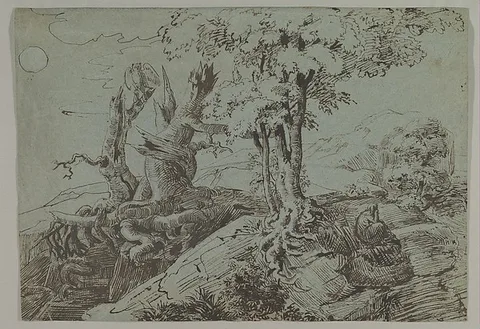 Ludwig Emil Grimm, Rugged Moonlit Landscape with a Woman Seated by Gnarled Tree Roots, and an Owl