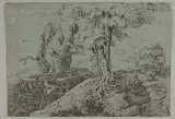 Ludwig Emil Grimm, Rugged Moonlit Landscape with a Woman Seated by Gnarled Tree Roots, and an Owl
