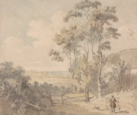 Edward Dayes, Milkmaid and Dog in a Landscape