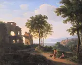 Johann Nepomuk Schödlberger, Sunlit ruin landscape with a family on a way and shepherd with sheeps
