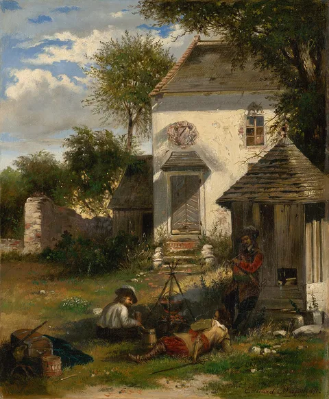 Eduard Majsch, Soldiers Camping in a Nobleman's Yard, Motif from the Thirty Years' War