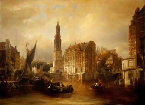 Elias van Bommel, Dutch Canal Scene, the Old Mint, Amsterdam