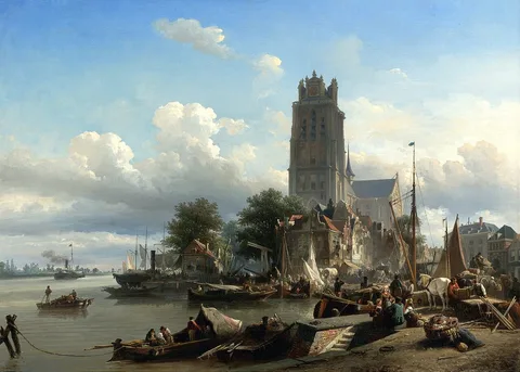 Elias van Bommel, A Busy Harbour with Merchants unloading their Goods
