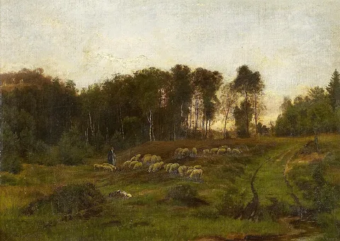Carl Irmer, Evening mood at the edge of the forest with shepherd