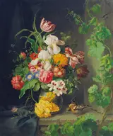 Josef Lauer, Still life with flowers, sparrow and vine branch
