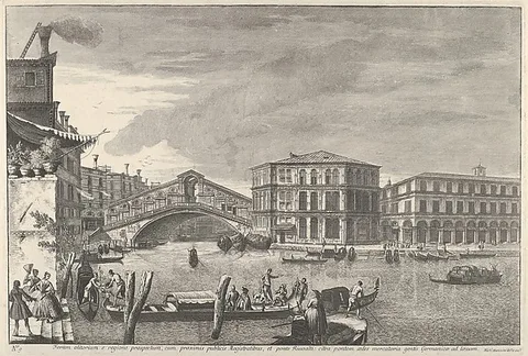 Michele Marieschi, Plate 9: The bridge and market of the Rialto, Venice, from "Views of Venice" (Magnificentiores Selectioresque Urbis Venetiarum Prospectus)