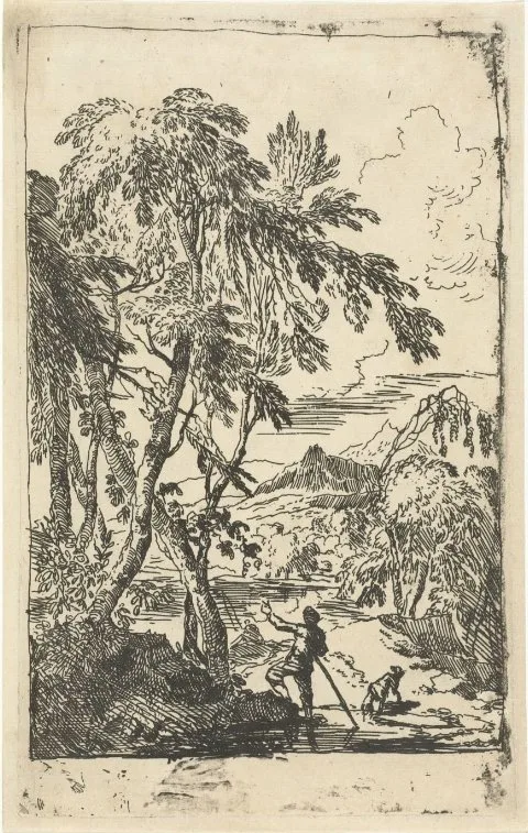 Adriaen van Diest, Bergachtig landschap met bomen en man met hond