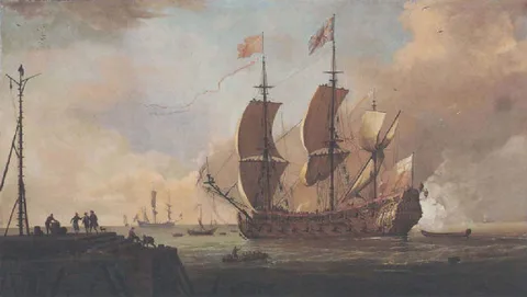 Adriaen van Diest, A British Fifth Rate signalling its arrival at a Continental Port.