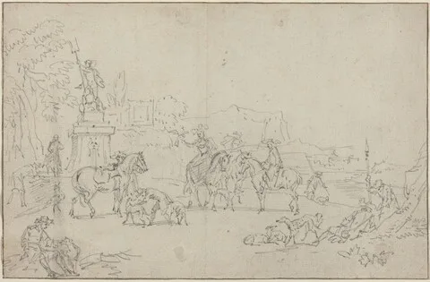 Peeter Bout, An Elegant Hunting Party Resting by a Fountain